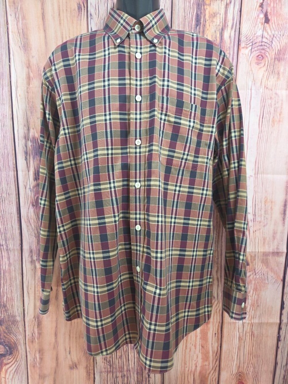 Orvis Mens Brown Plaid Button-Down Shirt Large